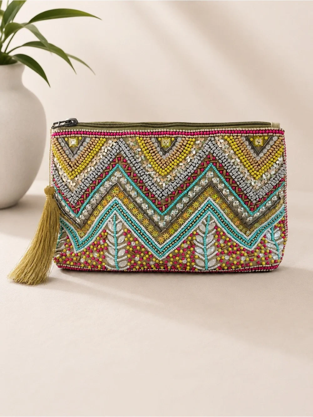 Beaded Chevron Tassel Clutch - Multicolor